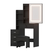 Artiss LED Dressing Table Vanity Set Black, Sliding Mirror, 4 Drawers, Lockable, Padded Stool, 80x36x131cm