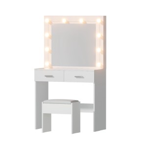 Artiss White Dressing Table Vanity Desk Set with 10 LED Bulbs, 2 Drawers, Stool, MDF, 80x36x141cm, USB Powered