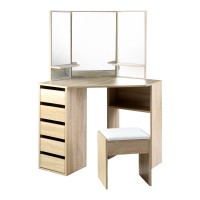 Artiss Oak Dressing Table Stool Set - 5 Drawers, 3-Panel Mirror, Luxury Storage & Comfort for Modern Bedrooms