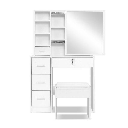 Artiss White Dressing Table Stool Set - Sliding Mirror, Lockable Drawer, Hidden Storage, Particle Board, 80x38.5x132cm