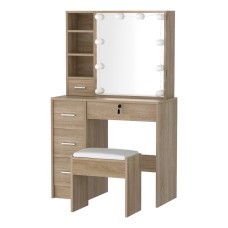 Artiss Hollywood-Style Dressing Table Set with 10 LED Bulbs, Wood Finish, 5 Drawers, and PU Leather Stool, 80x38x131cm