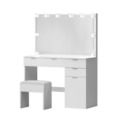 Artiss LED Dressing Table Set with Stool, 10 Dimmable Bulbs, Large Mirror, 3 Colour Lights, White, 105x40x140cm