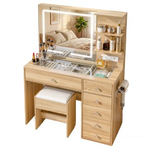 Artiss LED Vanity Desk Set: Hollywood Mirror, 5 Drawers, Charging Station, Wood, 104cm x 43cm x 140cm, Padded Stool