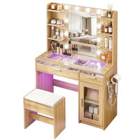 Artiss Dressing Table Vanity Desk Set with 10 LED Bulbs, RGB Light, USB Ports, Stool, Wood Finish, 90x40x142cm