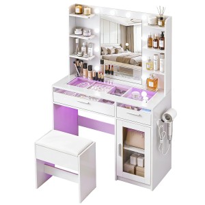 Artiss White Vanity Desk Set with 10 LED Bulbs, Adjustable RGB Lighting, USB Charging, and Storage Drawers - 90x40x142cm