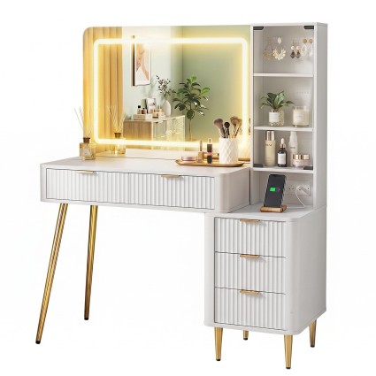 Artiss LED Dressing Table Vanity Desk White with Hollywood Mirror Built in Charging Station and Storage