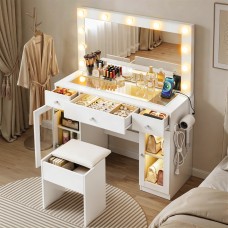 Artiss Dressing Table Vanity Desk with 11 LED Hollywood Mirror RGB Lighting Built‑in Charging Station White 105x40x135cm