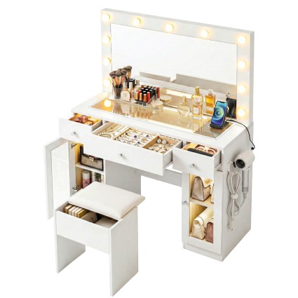 Artiss Dressing Table Vanity Desk with 11 LED Hollywood Mirror RGB Lighting Built‑in Charging Station White 105x40x135cm