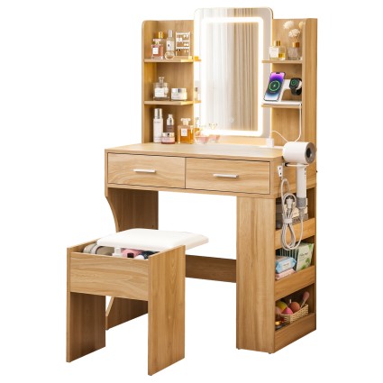 Artiss LED Dressing Table Vanity Desk with Hollywood Style Mirror USB Charging Station Hairdryer Holder and Padded Stool