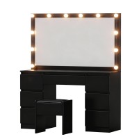 Artiss Black LED Vanity Set with Mirror & Stool, 12 Bulbs, 7 Drawers, USB Powered, 118cm x 39cm x 143cm, PU