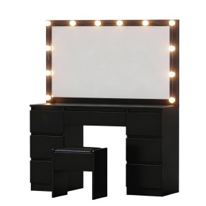 Artiss Black LED Vanity Set with Mirror & Stool, 12 Bulbs, 7 Drawers, USB Powered, 118cm x 39cm x 143cm, PU