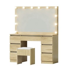 Artiss Dressing Table Vanity Set with LED Lights, Mirror & Stool – Wood Finish, 7 Drawers, 118x39x143cm, USB Powered