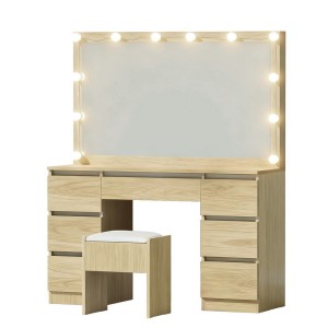 Artiss Dressing Table Vanity Set with LED Lights, Mirror & Stool – Wood Finish, 7 Drawers, 118x39x143cm, USB Powered