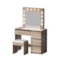 Artiss Hollywood Glam Dressing Table Set with 12 LED Bulbs, Wood Finish, Adjustable Lighting, Storage & PU Leather Stool