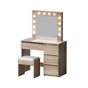 Artiss Hollywood Glam Dressing Table Set with 12 LED Bulbs, Wood Finish, Adjustable Lighting, Storage & PU Leather Stool