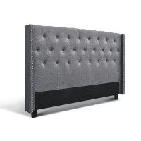 Artiss Luca King Size Bed Headboard - Grey Faux Linen, Winged Design, Tufted, Studded, High-Density Foam
