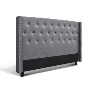 Artiss Luca King Size Bed Headboard - Grey Faux Linen, Winged Design, Tufted, Studded, High-Density Foam