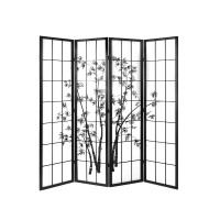 Artiss 4 Panel Shoji Room Divider Screen, 174x179cm, Bamboo Design, Black, Solid Pine Wood, Foldable, Eco-Friendly
