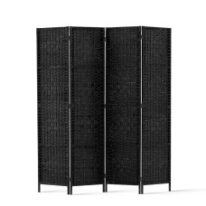 Artiss 4-Panel Room Divider, 163x170cm, Woven Black, Poplar Wood & Rolled Paper, Foldable, Water & Fade Resistant