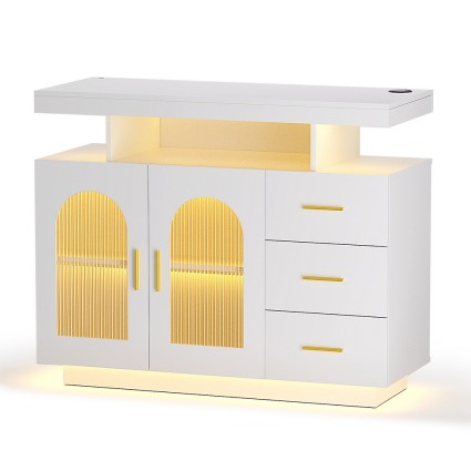 Artiss White Buffet Sideboard Cabinet with LED Lighting, Clear Doors, Gold Handles, E1 Particle Board, 100x40x80cm