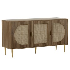 Artiss Anya Buffet Sideboard, MDF & Rattan, 120x40x64.5cm, Dark Oak - 3 Door Storage, Adjustable Shelves, Bohemian