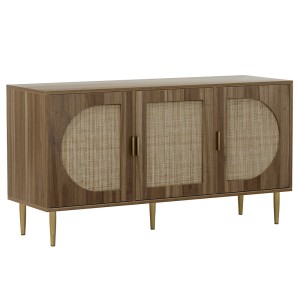 Artiss Anya Buffet Sideboard, MDF & Rattan, 120x40x64.5cm, Dark Oak - 3 Door Storage, Adjustable Shelves, Bohemian