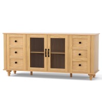 Artiss 150CM Pine Buffet Sideboard Cabinet - Faux Drawers, Glass Doors, Adjustable Shelves, Metal Knobs, Anti-Tip Kit
