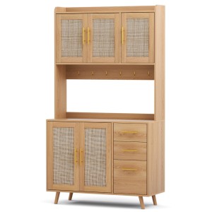Artiss Rattan Buffet Sideboard Hutch - 180cm Pine Cabinet with Adjustable Shelves, Soft-Close Hinges, and Anti-Tip Kit