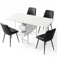 Artiss 5pc Foldable Dining Set Gateleg Table with 2 Drawers and 4 PU Leather Chairs Black White 150cm
