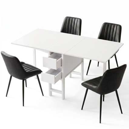 Artiss 5pc Foldable Dining Set Gateleg Table with 2 Drawers and 4 PU Leather Chairs Black White 150cm