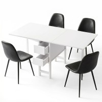 Artiss 5pc Foldable Dining Table and Chairs Set Black White 150cm Gateleg with Drawers and PU Chairs