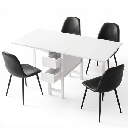 Artiss 5pc Foldable Dining Table and Chairs Set Black White 150cm Gateleg with Drawers and PU Chairs