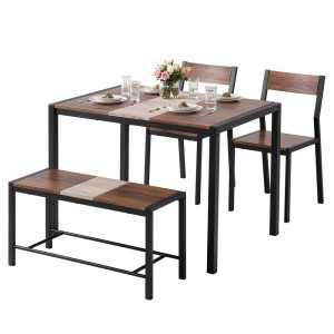 Artiss 4-Piece Rustic Brown Dining Table Set with Bench & Chairs, MDF & Metal Frame, Space-Saving, Versatile Design