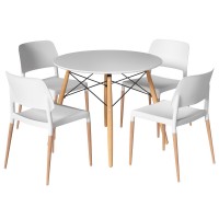 Artiss 5 Piece Dining Set – 100cm Round White Table with Solid Beech Wood Legs and 4 Modern White Chairs, MDF Top