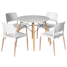 Artiss 5 Piece Dining Set – 100cm Round White Table with Solid Beech Wood Legs and 4 Modern White Chairs, MDF Top Artiss 5 Piece Dining Set – 100cm Round White Table with Solid Beech Wood Legs and 4 Modern White Chairs, MDF Top