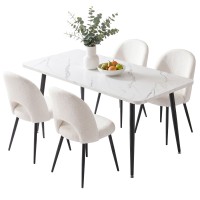 Artiss 5-Piece Dining Table and Chairs Set 150cm Marble Effect White Table with 4 Sherpa Chairs 25mm Top