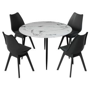 Artiss Marble Finish Dining Set: Round Table & 4 Black Chairs, Modern Design, Sturdy Metal Legs, Easy Assembly
