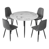Artiss 5-Piece Dining Set, Round Marble Finish Table 110cm with 4 Velvet Grey Chairs, Metal Legs, Modern Style