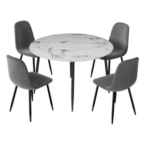 Artiss 5-Piece Dining Set, Round Marble Finish Table 110cm with 4 Velvet Grey Chairs, Metal Legs, Modern Style