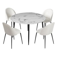 Artiss 5 Piece Dining Set – Marble White 110cm Round Table with Particle Board Top and 4 Sherpa Upholstered Chairs