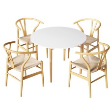 Artiss Demi 5-Piece Dining Set, Round 108cm Table with Pine Legs and 4 Wishbone Chairs, Nordic Wood, White/Natural Artiss Demi 5-Piece Dining Set, Round 108cm Table with Pine Legs and 4 Wishbone Chairs, Nordic Wood, White/Natural