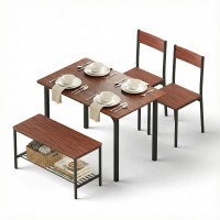 Artiss Walnut Dining Set: 4-Piece Industrial Table, Storage Bench & Chairs, Compact Space-Saving Design, MDF & Metal