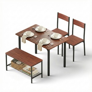 Artiss Walnut Dining Set: 4-Piece Industrial Table, Storage Bench & Chairs, Compact Space-Saving Design, MDF & Metal