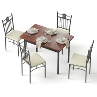 Artiss 5-Piece Dining Set, Compact Walnut Table with Floral Motif & Upholstered Chairs, 110cm, Durable Steel Frame