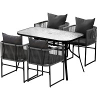 Gardeon 5-Piece Outdoor Dining Set: Black Steel Frame, Rope Chairs, Tempered Glass Table, UV & Weather Resistant