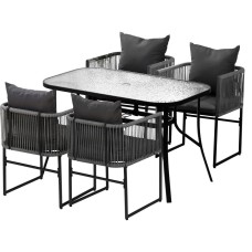 Gardeon 5-Piece Outdoor Dining Set: Black Steel Frame, Rope Chairs, Tempered Glass Table, UV & Weather Resistant Gardeon 5-Piece Outdoor Dining Set: Black Steel Frame, Rope Chairs, Tempered Glass Table, UV & Weather Resistant