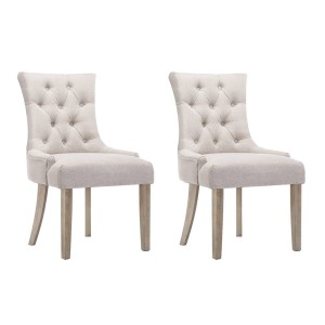 Artiss Cayes Dining Chairs Set of 2 - French Provincial Beige Linen, 13cm Cushioned Seat, Rubber Wood Legs, 89cm High