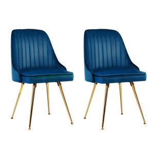 Artiss Velvet Dining Chairs Set of 2, Blue - Channel Tufted, Gold Legs, High Resilience Foam, 150kg Capacity, 44x41x80cm