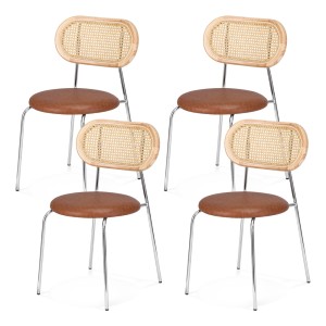 Artiss 4x Brown Dining Chairs - PU Leather Seat, Rattan Backrest, Metal Legs, 49x50x83cm, Retro Style, Easy Assembly
