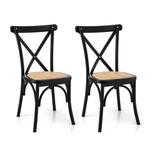 Artiss 2x Dining Chairs - Rattan Seat, Rubber Wood Frame, Black Finish, Ergonomic & Sturdy X-Shape Support, 88cm Height